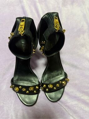 Versace Black Leather Gold Studded Medusa Ankle Strap Heels EU 37.5 us 71/2